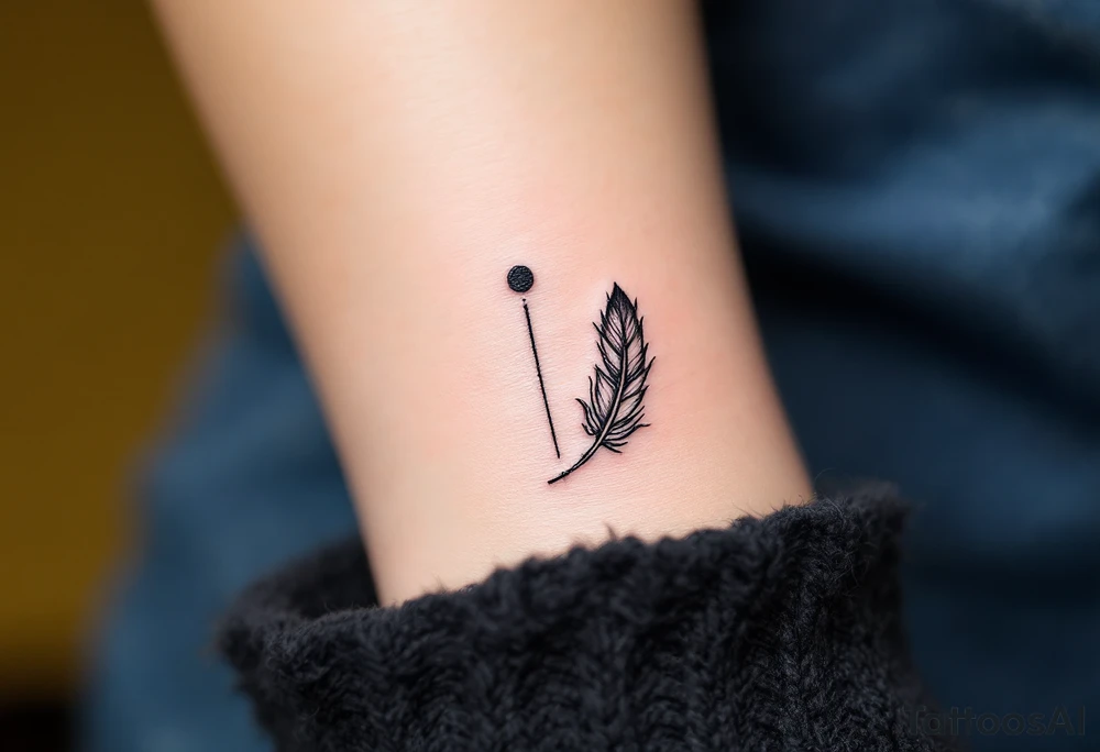 A comma with a dot above it with a feather near to it tattoo idea