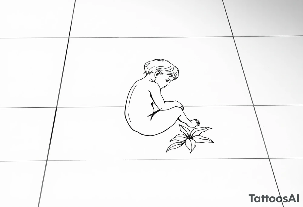A simple tile floor with a minimalist outline of a curled up child sitting on the floor with a lily next to her tattoo idea