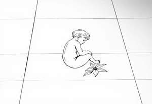 A simple tile floor with a minimalist outline of a curled up child sitting on the floor with a lily next to her tattoo idea