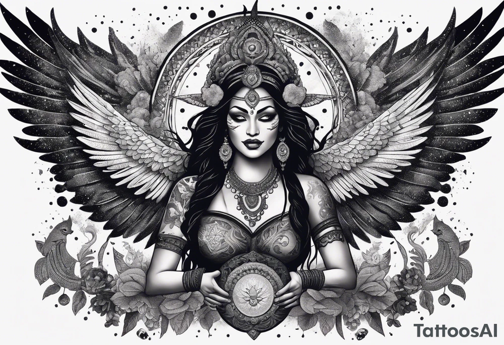 black kali, goddess pirate, alien, angel, pachamama, valkrye, warrior, flying, skull, lotus azul, wing, eagle, zenza resonance, stars, 5D, anahata chakra, death, durga, riding on a tiger, flying lady, kundalini, chest tatoo, samuri, rebel tattoo idea