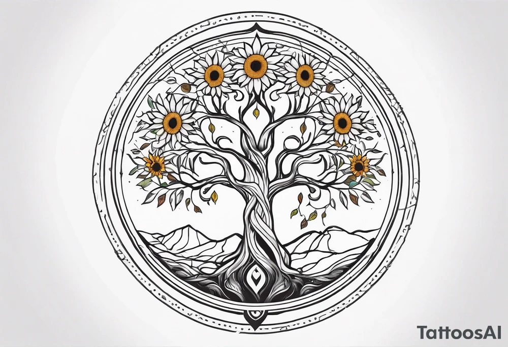 Yggdrasil tree, horse, sunflower tattoo idea