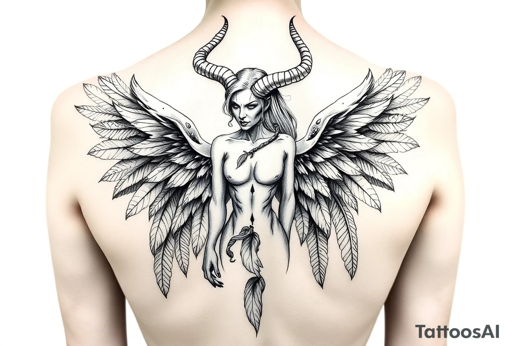 Menacing full body Woman Harpy with horns and lots of feathers tattoo idea