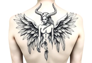 Menacing full body Woman Harpy with horns and lots of feathers tattoo idea