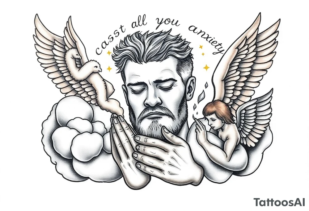 cast all your anxiety on him because he cares for you"  surrounded with clouds and angels and praying hands tattoo idea