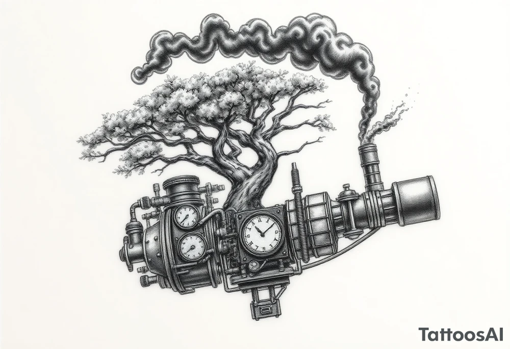 tree growing out of a v shaped engine with lots of pipes, guages and steam around the engine 
 with a smoke stack coming out of the top 
 billowing black smoke as if the tree and engine were a flying machine flying through the air 
 with an extreme steam punk vibe alot more steam punk 
it should look somewhat like a hot air baloon where the tree is the balloon and the machine is the basket but they are together as one unit, and the sky should have clouds in the back ground as if it were chugging along flying through the sky and needs to look extremely steam punk
the smoke stack should be coming out of the tree and the smoke should be trailing behind the machine tattoo idea