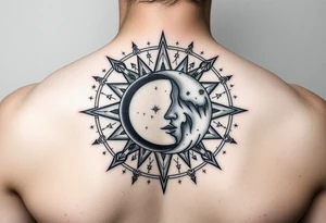 celestial sun and moon embrace with constellation patterns tattoo idea