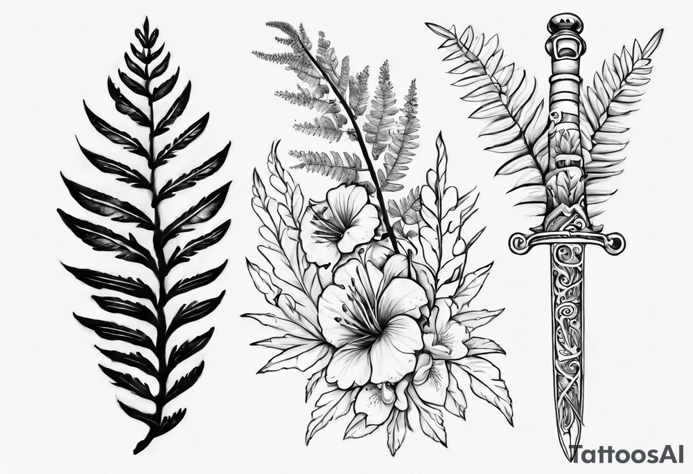 Swordfern and flowers that represent the pacific Northwest tattoo idea