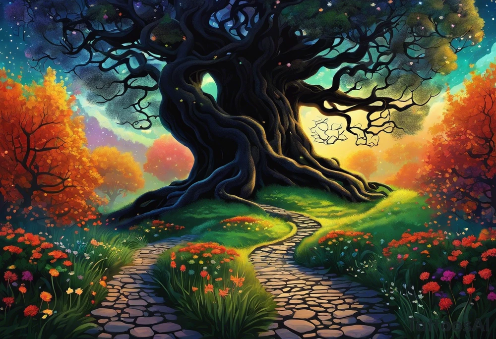A winding uneven stone path, either side is mystical looking flora and tree roots, the path ends in a bundle of treee roots that turn into a galaxy. walking the path is a black sillouette of a man in a suit with a cat walking next to him, spread out randomly along the design are three other cat silhouettes hiding in the borders. at the very end of the path is a black silhouette of a woman in a dress holding an umbrella facing to her left.

this needs to work as a full sleeve tattoo tattoo idea