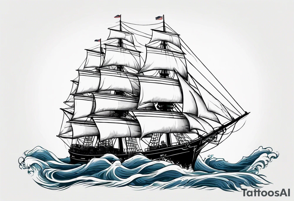 sailing ship in rough seas, front porfile, in oval with rope border, super imposed over crossed cannons, banner at bottom that says US Navy tattoo idea