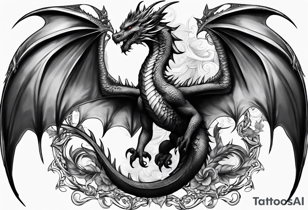 Mother dragon wings spread with 3 baby dragons tattoo idea
