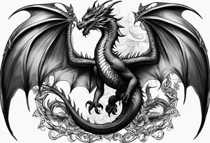 Mother dragon wings spread with 3 baby dragons tattoo idea