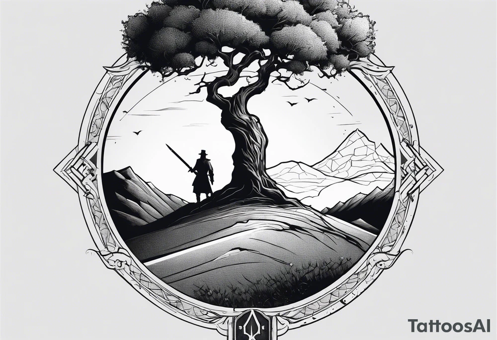 Hawthorne tree on hill, over a sword grave marker with a wilted thistle tattoo idea