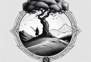 Hawthorne tree on hill, over a sword grave marker with a wilted thistle tattoo idea