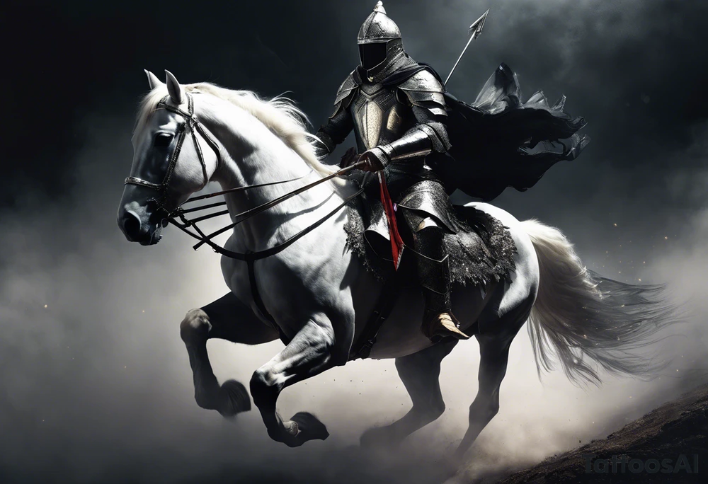 Dark art of the first horseman of the apocalypse. Wearing iron armor with a crown-shaped helmet, carrying a bow and arrows in one hand, he rides a white horse that is strong and slender, wearing shiny ornaments on his face. It is not possible to see the face of the horseman, who is obscured by the darkness and fog of the image. It is important that the horseman is facing the image and that the image shows the entire body of both the horse and the rider. tattoo idea