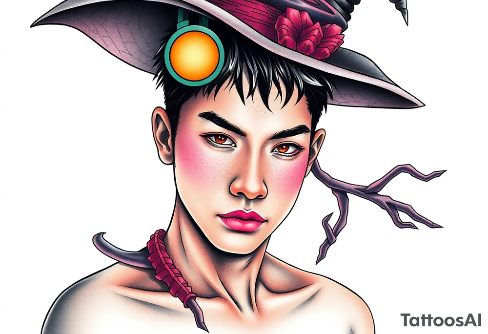 Handsome Asian young guy is being under control of the witch tattoo idea