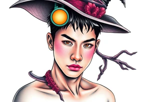 Handsome Asian young guy is being under control of the witch tattoo idea