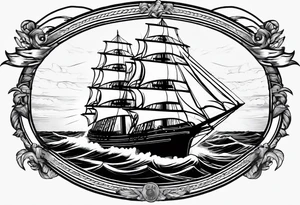 sailing ship in rough seas, front porfile, in oval with rope border, super imposed over crossed cannons, banner at bottom that says US Navy tattoo idea