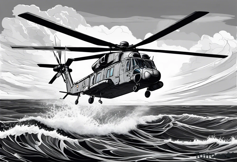 canadian military grey helicopter cyclone CH-148, a helicopter flying over rough water, Clear sky, military art, ocean specular, highly detailed background, detailed 4 k drawing tattoo idea
