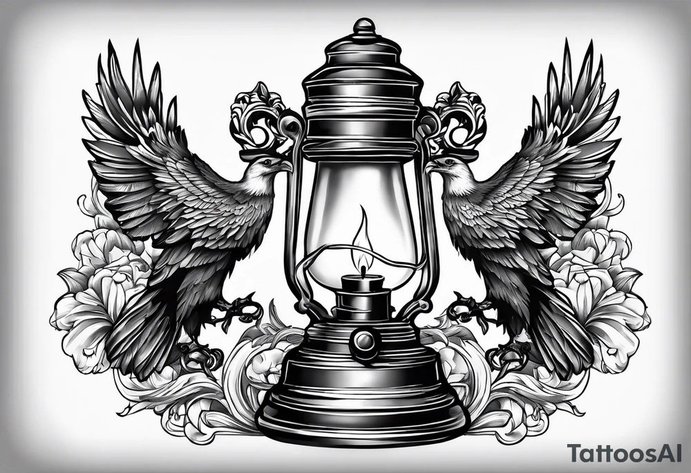 Oil lamp with an eagle next to it tattoo idea