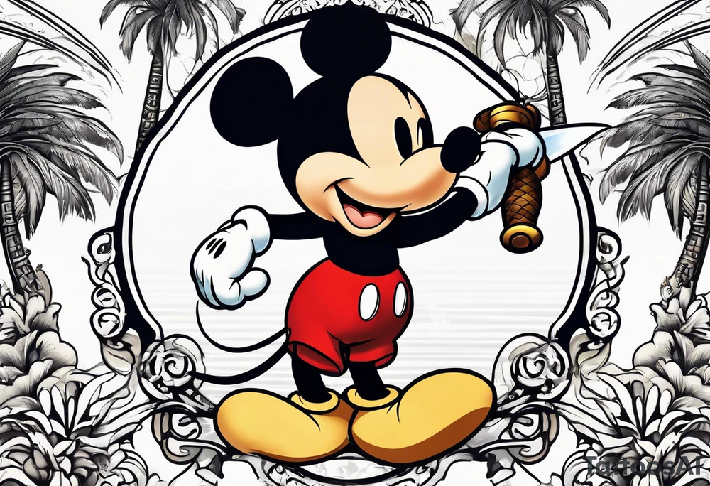 mickey mouse holding sword with palm trees tattoo idea