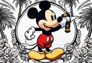 mickey mouse holding sword with palm trees tattoo idea