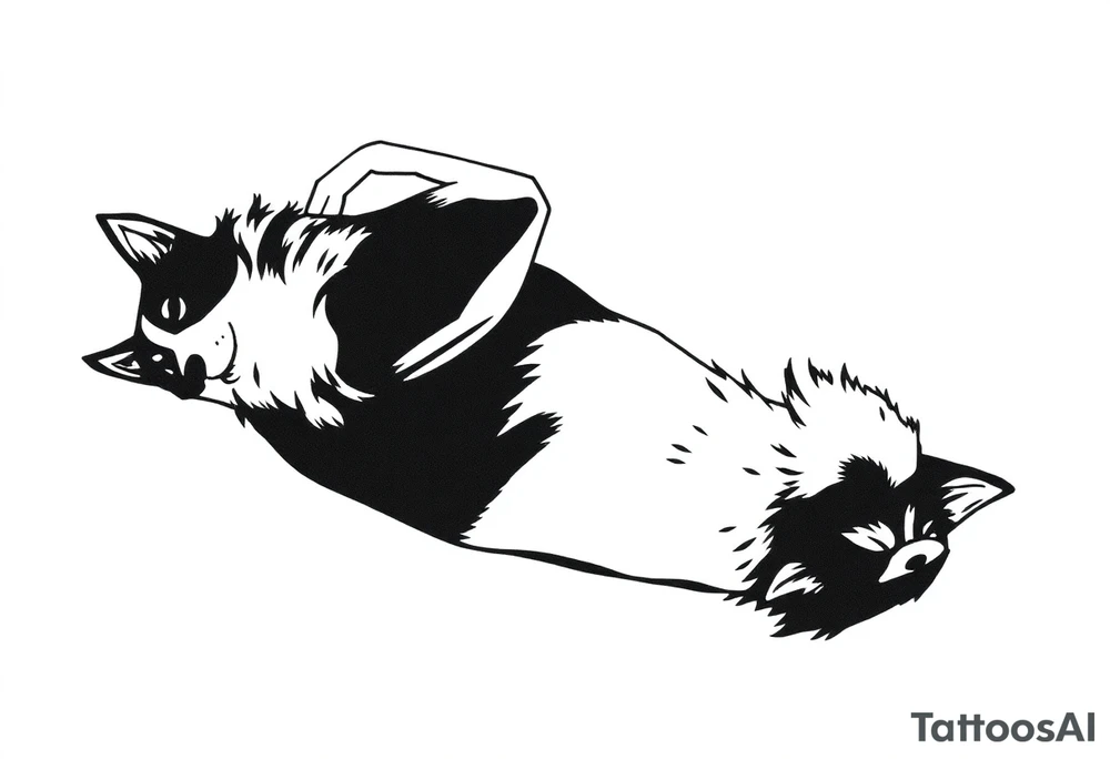 An illustration of a Border Collie tattoo in a minimalist feminine style. The design is elegant and delicate, created with a single continuous line, depicting the dog lying on its back, capturing the grace and character of the breed. tattoo idea