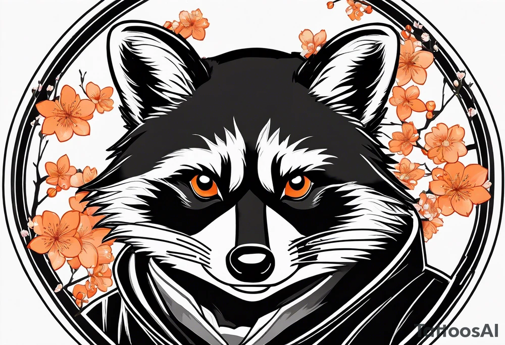 Raccoon wearing a white Superman logo on a black hoodie and orange Japanese cherry blossoms tattoo idea