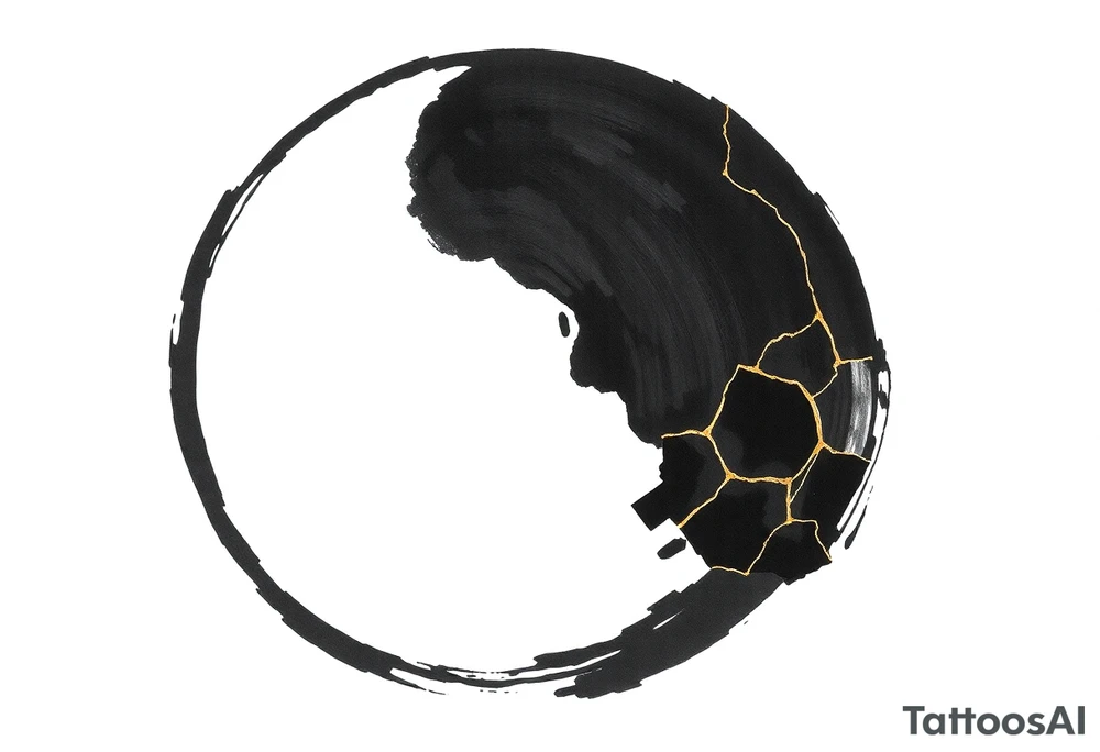 A Japanese‑inspired tattoo of a thick Zen ensō circle, drawn with a bold, hand‑painted black ink brushstroke. The circle is imperfect and organic, with visible texture and subtle variation in line thickness. About the last quarter of the circle, near the top‑right, transforms into a cracked ceramic segment that has been repaired using kintsugi: visible broken pieces outlined and joined by thin, flowing gold lines. The gold seams follow the natural fractures of the ceramic section, creating several branching cracks rather than a single line, clearly distinguishing this repaired portion from the rest of the smooth ink circle. The transition from ink to ceramic should feel natural, as if the painted circle solidifies into a fragile object that has been lovingly mended. Keep the interior of the circle empty, with a clean white background and no extra symbols or text. Design it as a black and gray tattoo with a subtle metallic gold effect on the kintsugi seams, suitable for a medium‑sized placement on the back of the bicep. tattoo idea