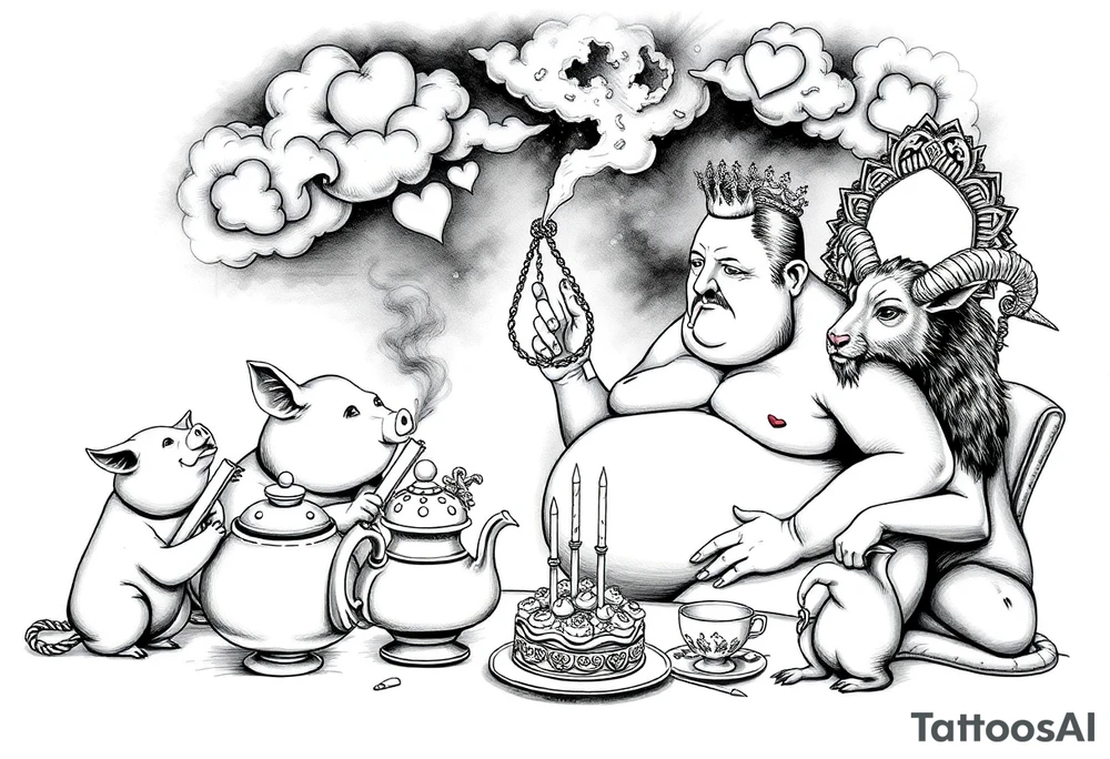 naked fat lady having a tea party with tea pots and 
with a pig, peacock, noose, lion, goat, smoking cigerettes looking in the mirror having sex with a man eating a cake thru storm clouds with knife and broken hearts and darkness and wrath, envy , gluttony, greed, tattoo idea