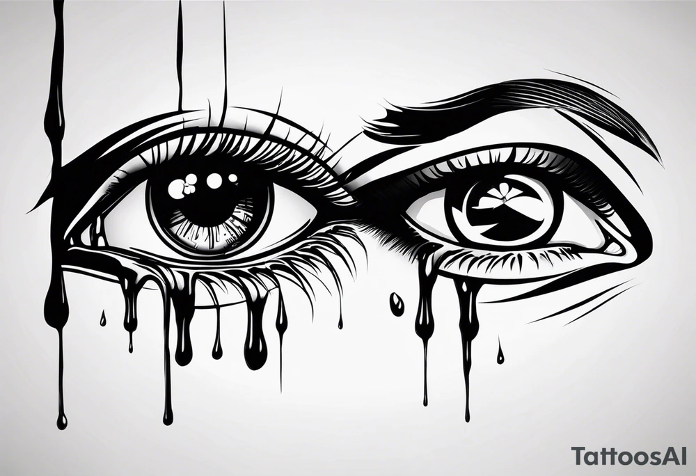 A realistic human eye crying tears of blood with a reflection of two black shadows or people holding guns at two wounded people on the floor tattoo idea