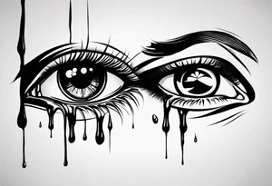 A realistic human eye crying tears of blood with a reflection of two black shadows or people holding guns at two wounded people on the floor tattoo idea