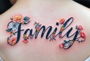 Family spelled out in cursive, with each letter blooming into a different flower in subtle pastel hues. tattoo idea