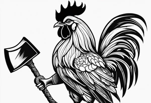 Buff rooster holding an axe with crabs on the end of the axe tattoo idea