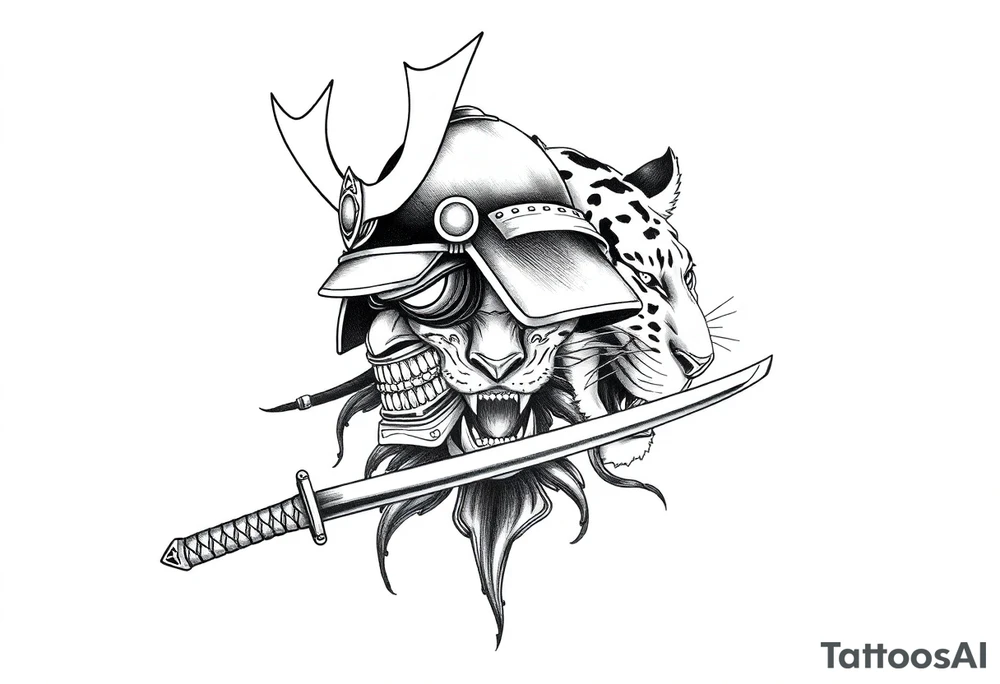 Samurai helmet resting on a katana blade, fierce tiger emerging behind it, traditional Japanese tattoo design, blackwork with soft grey shading, intense energy, bold line art, framed composition for forearm tattoo with full sleeve in mind, sketch ink style, minimal background, ration 2:3 vertical tattoo idea