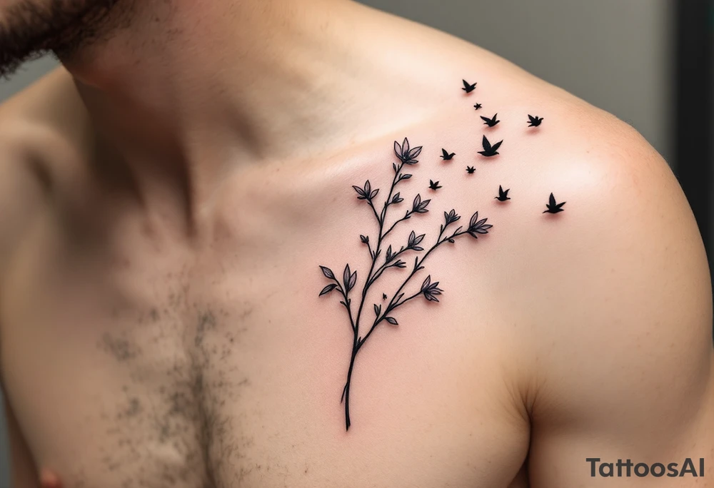 A wood violet blowing in the wind with pedals floating away turning into birds tattoo idea