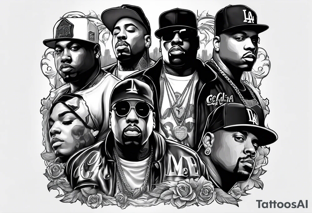 To design a leg sleeve tattoo featuring famous rappers Biggie Smalls, Tupac, Eminem, Dr. Dre, Eazy-E, Ice Cube, along with the LA sign and California Compton theme in black and white shading, follow these steps: tattoo idea