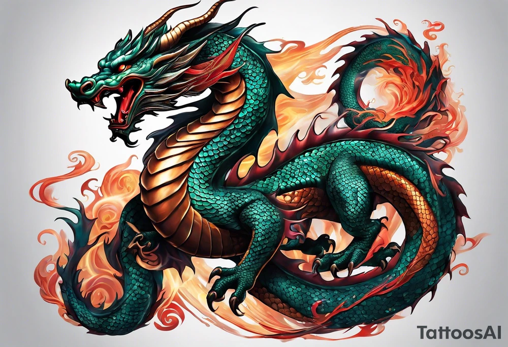 An epic floating asian dragon. Its long body coiling dynamically, with scales and horns detailed to create a sense of movement and strength. The dragon's color is giving a vibrant depth and a mystical aura. This tattoo highlights the dragon’s fierce expression and sharp claws. tattoo idea