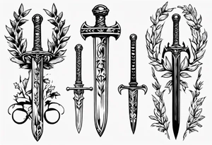 A sword through the number 13 centered in a laurel leaf wreath tattoo idea