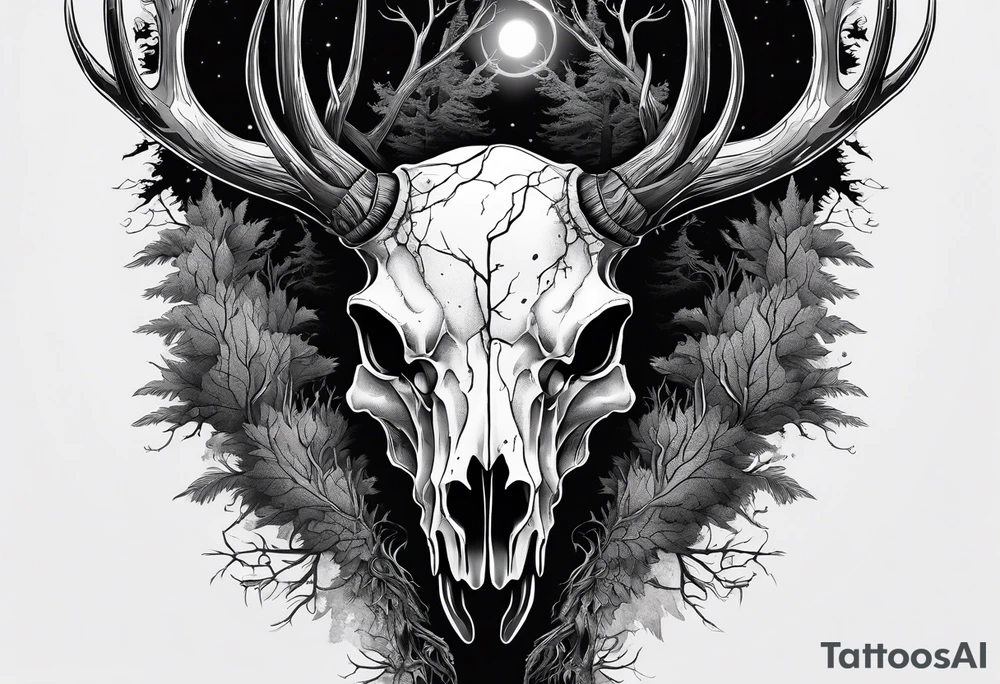 A side profile of decayed deer skull in a forest fire tattoo idea