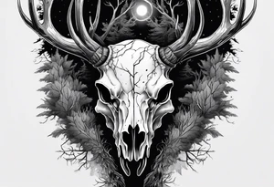 A side profile of decayed deer skull in a forest fire tattoo idea