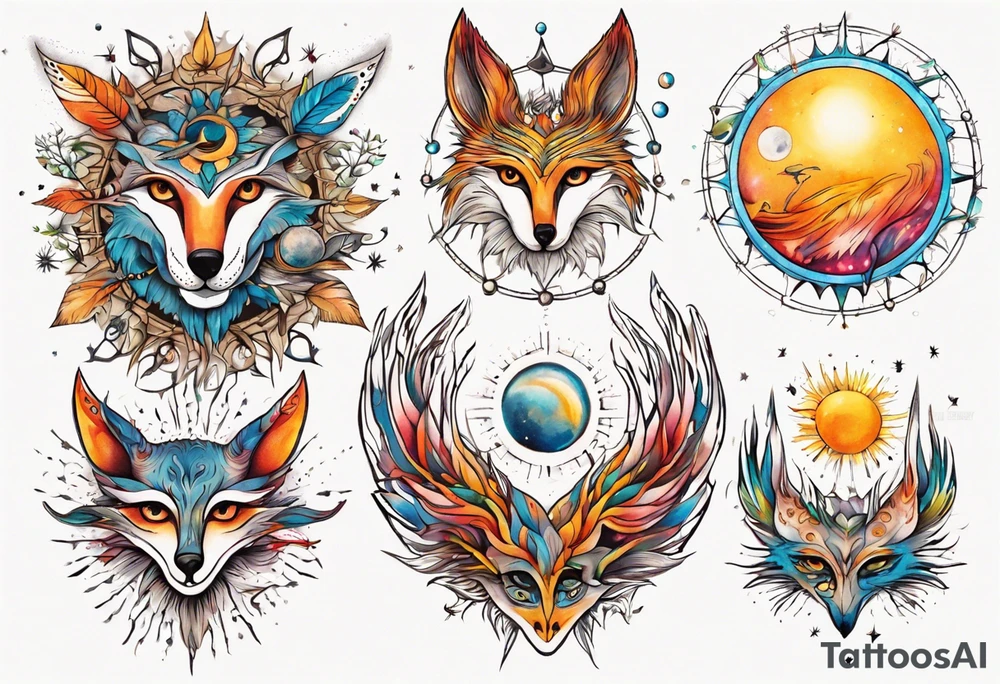 fisch, fuchs und eule , symetrie  sonne, universum, bunt, " sapere aude" tattoo idea