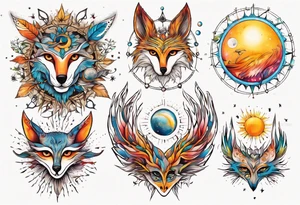 fisch, fuchs und eule , symetrie  sonne, universum, bunt, " sapere aude" tattoo idea