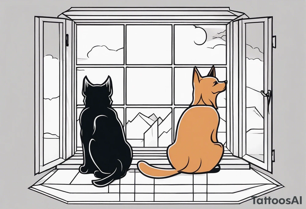 dog and cat sitting on floor and looking out octagonal window together tattoo idea