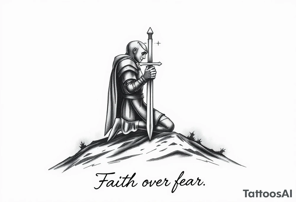 A croisades knight kneels in prayer, atop a hill, The hill is surrounded by a shadowy suggestion of a recent battle with demons.  above him the clouds part, light shining down on him like a spotlight, guiding from above.  His head bowed, sword held to his chest, hilt up, to form a cross.  Below the image a simple and tasteful hand written caption reads "Faith over fear" tattoo idea