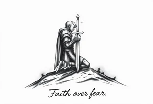A croisades knight kneels in prayer, atop a hill, The hill is surrounded by a shadowy suggestion of a recent battle with demons.  above him the clouds part, light shining down on him like a spotlight, guiding from above.  His head bowed, sword held to his chest, hilt up, to form a cross.  Below the image a simple and tasteful hand written caption reads "Faith over fear" tattoo idea