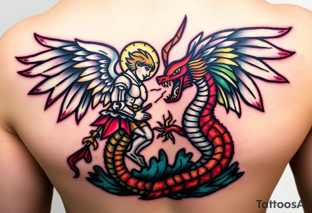 Please create a stained glass style tattoo design featuring an angel and a sea serpent battling each other. The angel should be depicted with dynamic wings and armor, and the sea serpent should have fiery breath and a menacing appearance. Both should be designed in a classic stained glass style, with bold black outlines and vibrant, rich colors. The design should reflect the detailed, intricate patterns typical of stained glass art, giving it a bold and striking visual effect tattoo idea