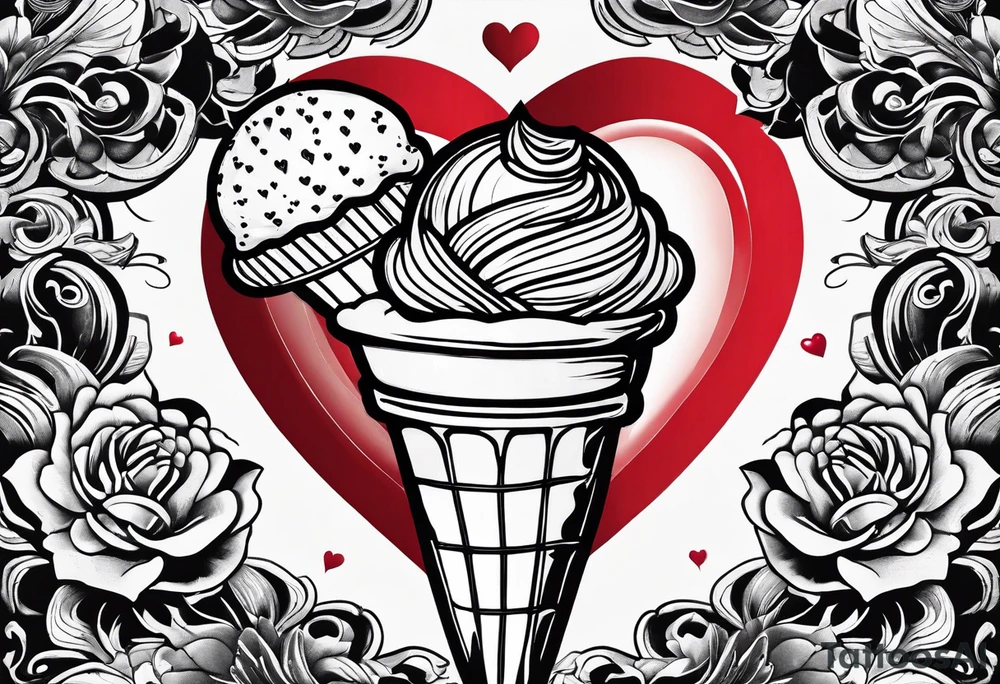 black and white ice cream cone with small red heart on it somewhere. tattoo idea