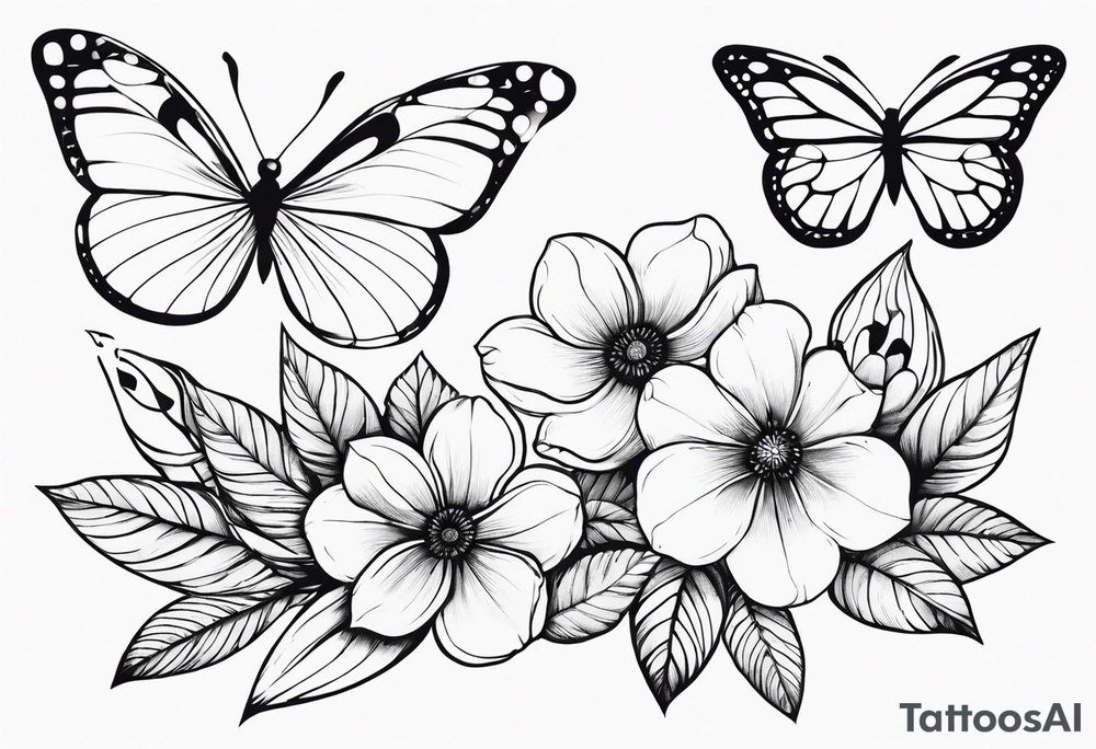 Galhos, folhas, flores e borboletas tattoo idea
