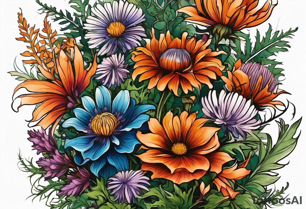 cascading mixed colored wildflowers with thistles, ferns, burnt orange flowers all in color tattoo idea