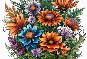 cascading mixed colored wildflowers with thistles, ferns, burnt orange flowers all in color tattoo idea